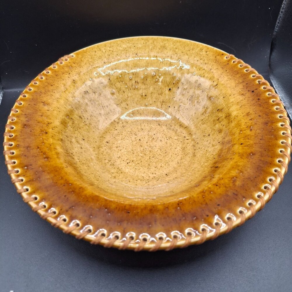 Handcrafted Vintage Ceramic Bowl Intricate Woven Edge Mustard Glaze Artisan Beek